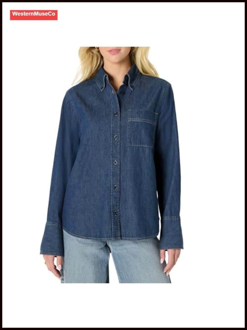 Women's Oversized Cropped Denim Button-Down Chambray Shirt Point Collar